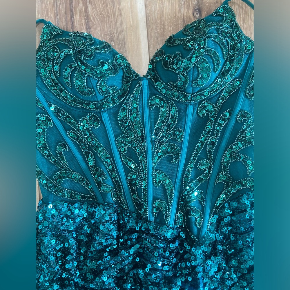 Embroidered Teal Sequin Formal Dress - Picture 2 of 5